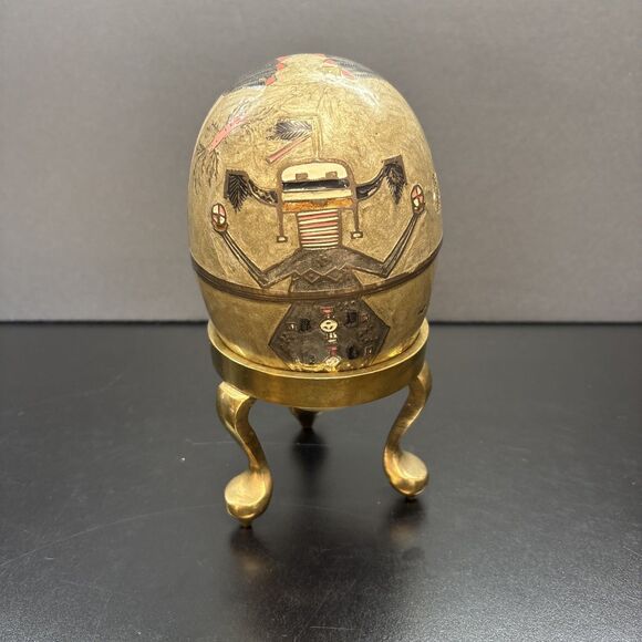 Enameled Cloisonne Brass Egg Trinket Box with Brass Stand - Picture 5 of 12